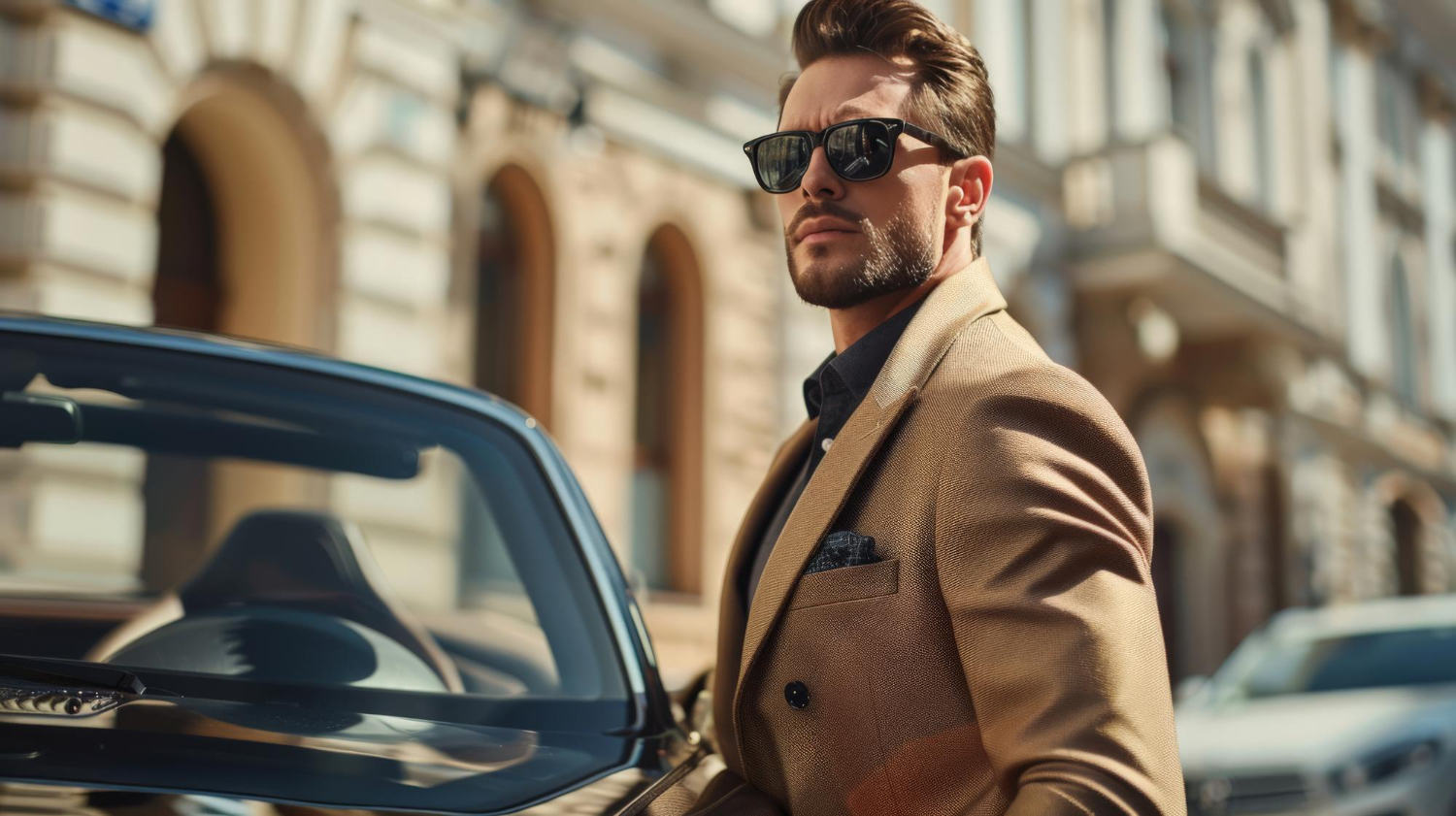 Well-dressed man standing beside a convertible in the city